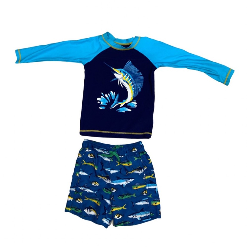 Hatley swim trunks and rash guard